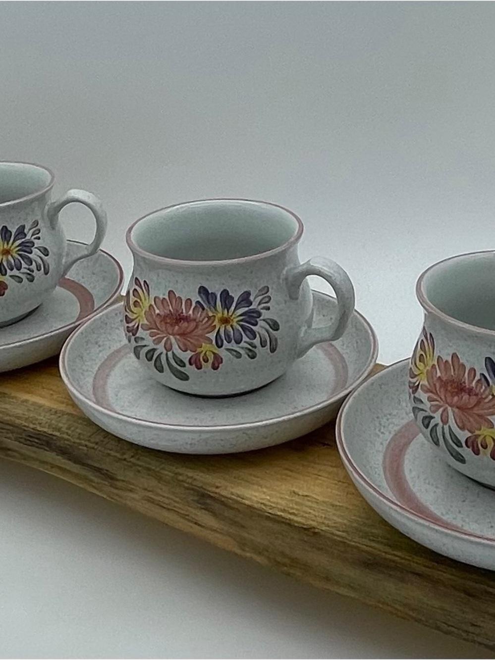 Denby Summer Fields Tea Cups & Saucers x 3 Floral Stoneware England Cottagecore